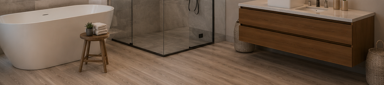 Baño con bañera exenta y suelo laminado efecto madera