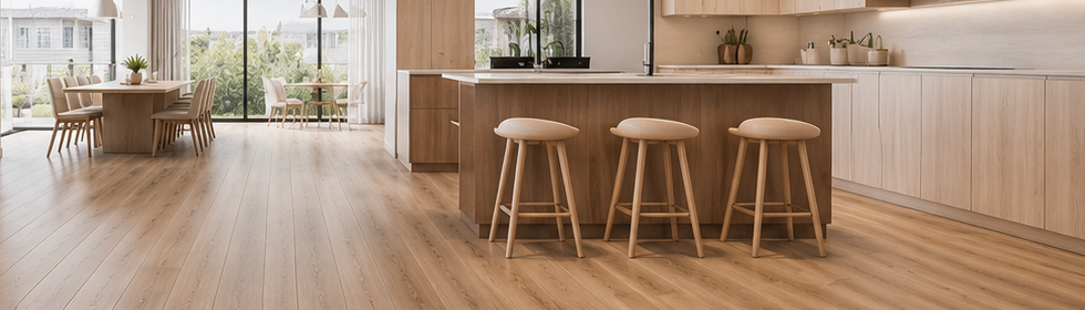 Cocina abierta con isla y suelo laminado de roble