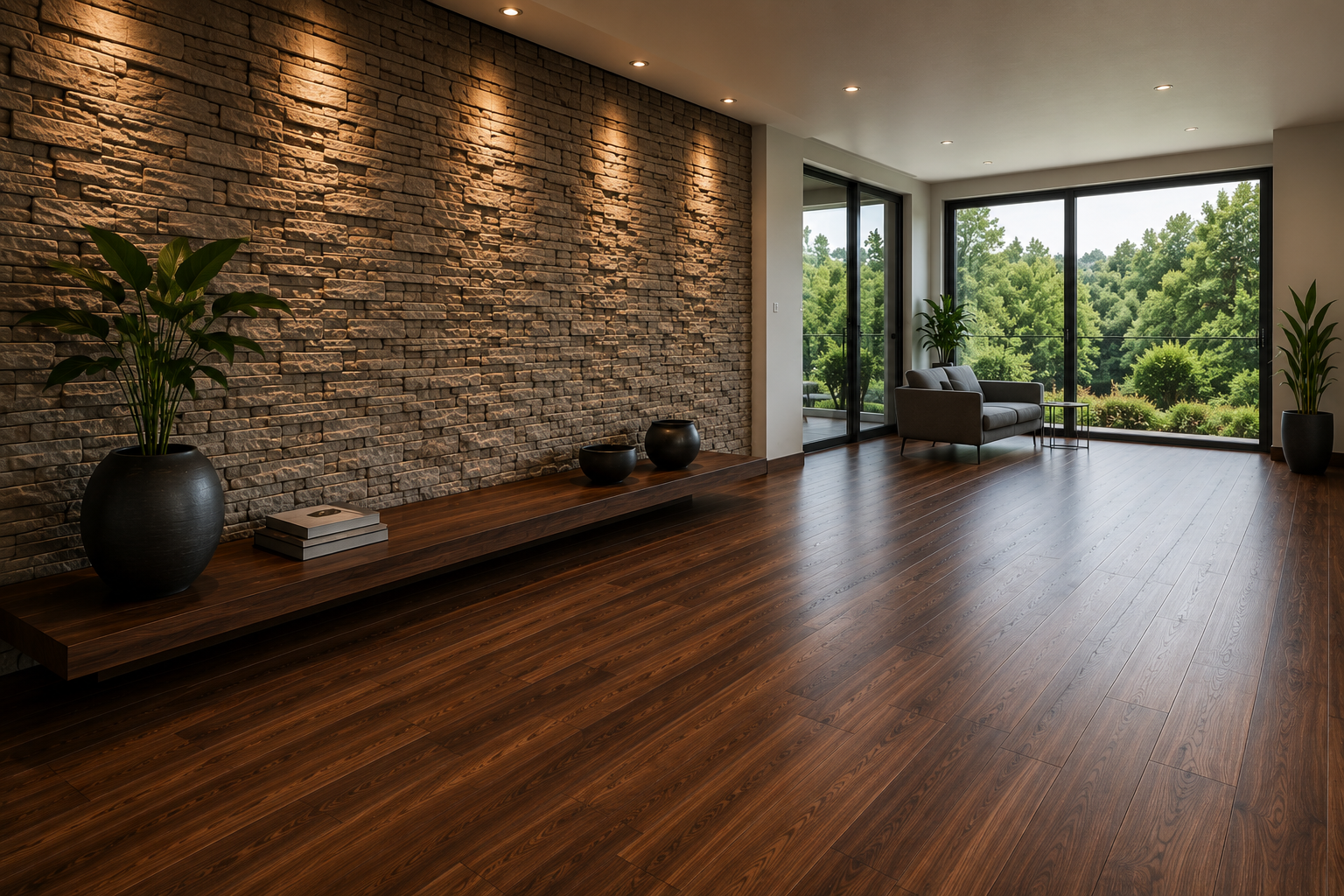 Salón con suelo de parquet de nogal y pared de piedra