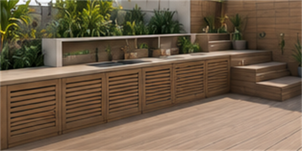 Cocina y mobiliario exterior de madera integrados con la tarima
